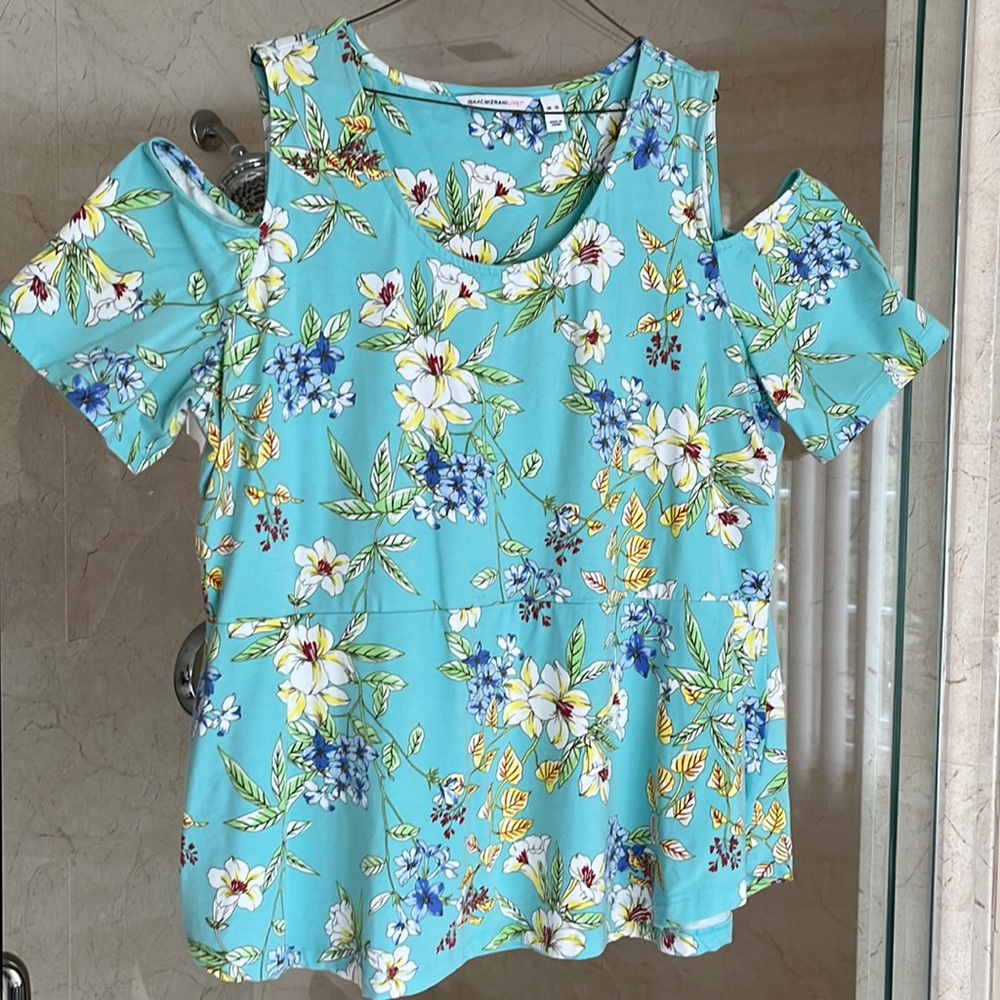 Isaac Mizrahi Dry Cleaned Mint Green Floral Cut Out Blouse Size XL